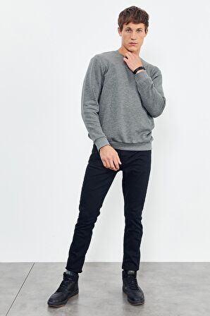 Gri Melanj Basic O Yaka Rahat Form Erkek Sweatshirt - 88053 | L