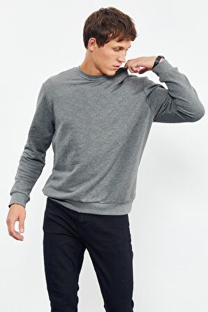 Gri Melanj Basic O Yaka Rahat Form Erkek Sweatshirt - 88053 | L