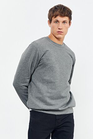 Gri Melanj Basic O Yaka Rahat Form Erkek Sweatshirt - 88053 | L