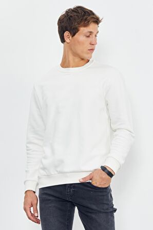 Ekru Basic O Yaka Rahat Form Erkek Sweatshirt - 88053 | M