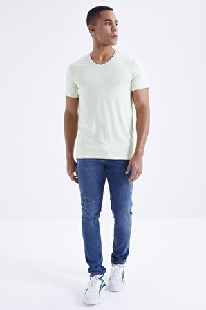 Açık Yeşil Basic Kısa Kol Standart Kalıp V Yaka Erkek T-Shirt - 87912 | L