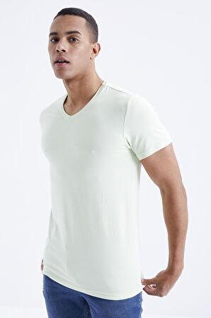 Açık Yeşil Basic Kısa Kol Standart Kalıp V Yaka Erkek T-Shirt - 87912 | L