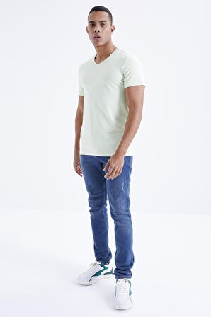 Açık Yeşil Basic Kısa Kol Standart Kalıp V Yaka Erkek T-Shirt - 87912 | L