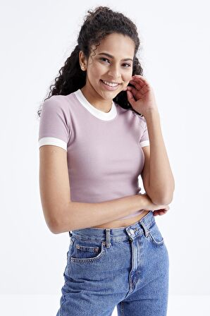 Gül Kurusu Basic Kol Detaylı O Yaka Kadın Crop Top  - 97200 | M