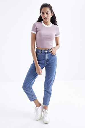 Gül Kurusu Basic Kol Detaylı O Yaka Kadın Crop Top  - 97200 | M