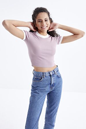 Gül Kurusu Basic Kol Detaylı O Yaka Kadın Crop Top  - 97200 | M