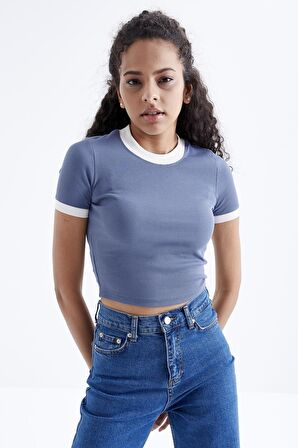 Petrol Basic Kol Detaylı O Yaka Kadın Crop Top  - 97200 | M