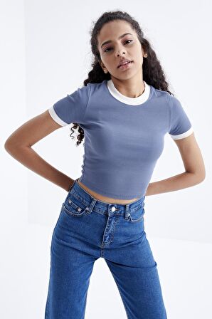 Petrol Basic Kol Detaylı O Yaka Kadın Crop Top  - 97200 | M