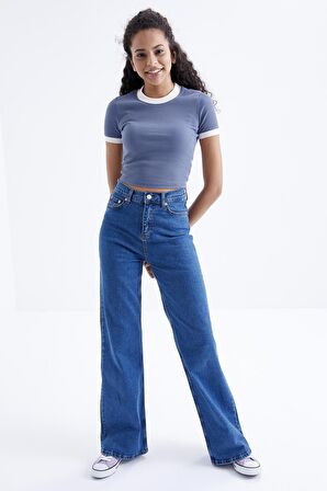 Petrol Basic Kol Detaylı O Yaka Kadın Crop Top  - 97200 | M