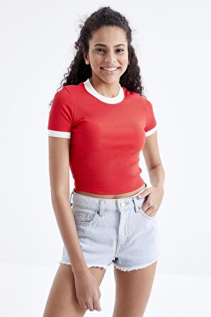 Nar Çiçeği Basic Kol Detaylı O Yaka Kadın Crop Top  - 97200 | XL