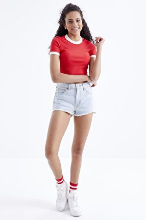 Nar Çiçeği Basic Kol Detaylı O Yaka Kadın Crop Top  - 97200 | XL
