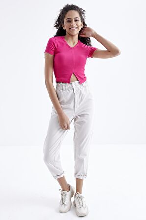 Fuşya Basic Önü Yırtmaçlı V Yaka Kadın Crop Top - 97206 | M