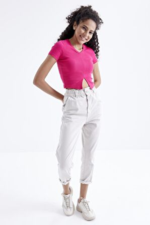 Fuşya Basic Önü Yırtmaçlı V Yaka Kadın Crop Top - 97206 | M