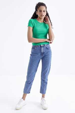 Tommy Life  Yeşil Basic Kısa Kol O Yaka Kadın Crop Top - 97202 | M