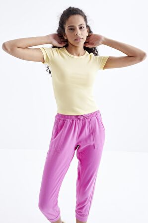 Tommy Life Sarı Basic Kısa Kol O Yaka Kadın Crop Top - 97202 | S
