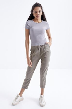 Tommy Life  Gri Basic Kısa Kol O Yaka Kadın Crop Top - 97202 | S