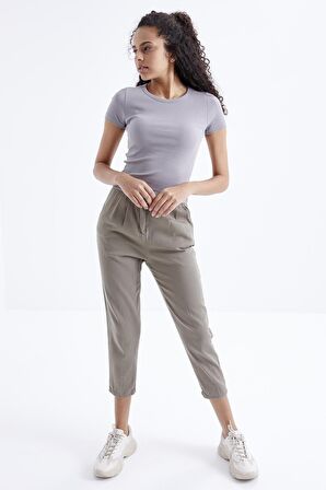 Tommy Life  Gri Basic Kısa Kol O Yaka Kadın Crop Top - 97202 | S