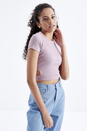 Gül Kurusu Basic Yanı Pencereli O Yaka Kadın Crop Top - 97207 | S