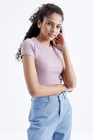 Gül Kurusu Basic Yanı Pencereli O Yaka Kadın Crop Top - 97207 | S