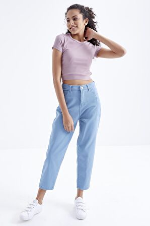 Gül Kurusu Basic Yanı Pencereli O Yaka Kadın Crop Top - 97207 | S