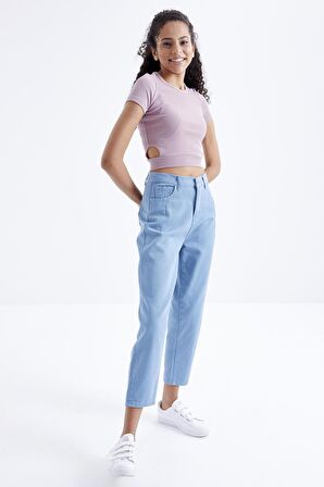 Gül Kurusu Basic Yanı Pencereli O Yaka Kadın Crop Top - 97207 | XL