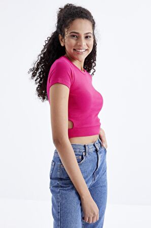 Fuşya Basic Yanı Pencereli O Yaka Kadın Crop Top - 97207 | XL