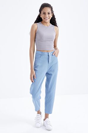 Gri Basic Kolsuz O Yaka Kadın Crop Top - 97204 | M