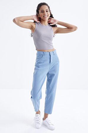 Gri Basic Kolsuz O Yaka Kadın Crop Top - 97204 | M