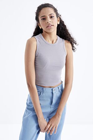 Gri Basic Kolsuz O Yaka Kadın Crop Top - 97204 | XL