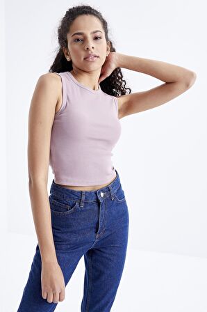 Gül Kurusu Basic Kolsuz O Yaka Kadın Crop Top - 97204 | L