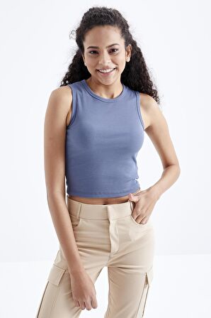 Petrol Basic Kolsuz O Yaka Kadın Crop Top - 97204 | S