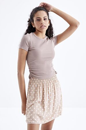 Camel Basic Yanı Büzgülü O Yaka Kadın Crop Top  - 97203 | M
