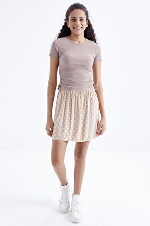 Camel Basic Yanı Büzgülü O Yaka Kadın Crop Top  - 97203 | M