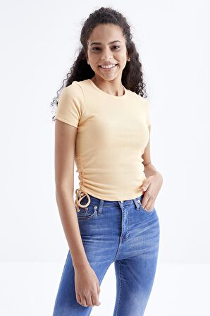 Kavun Içi Basic Yanı Büzgülü O Yaka Kadın Crop Top  - 97203 | S