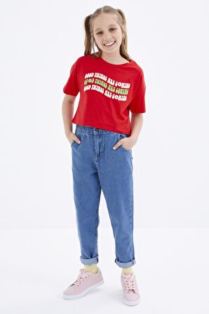 Nar Çiçeği Oversize Renkli Yazı Baskılı Düşük Omuz O Yaka Kız Çocuk Crop T-Shirt  - 75038 | 14-15 Yaş