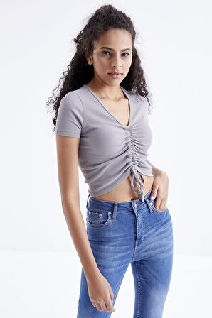 Gri Büzgü Detaylı V Yaka Kadın Crop Top - 97205 | L