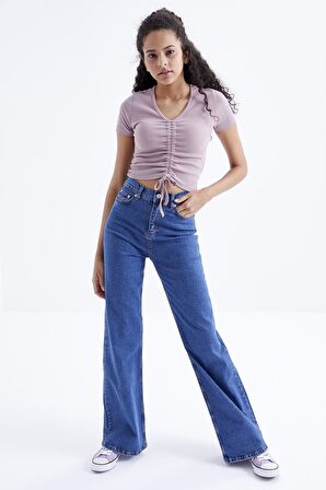 Gül Kurusu Büzgü Detaylı V Yaka Kadın Crop Top - 97205 | L