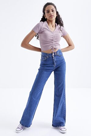 Gül Kurusu Büzgü Detaylı V Yaka Kadın Crop Top - 97205 | L