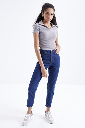 Gri Polo Yaka Basic Kısa Kollu  Kadın Crop Top  - 97208 | S