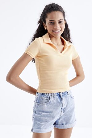 Kavun Içi Polo Yaka Basic Kısa Kollu  Kadın Crop Top  - 97208 | S