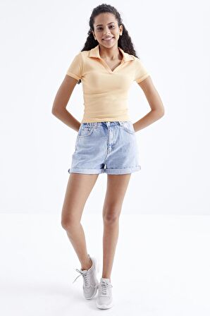 Kavun Içi Polo Yaka Basic Kısa Kollu  Kadın Crop Top  - 97208 | S