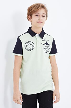 Açık Yeşil Nakış Detaylı Kısa Kollu Polo Yaka Erkek Çocuk T-Shirt  - 10906 | 3-4 Yaş