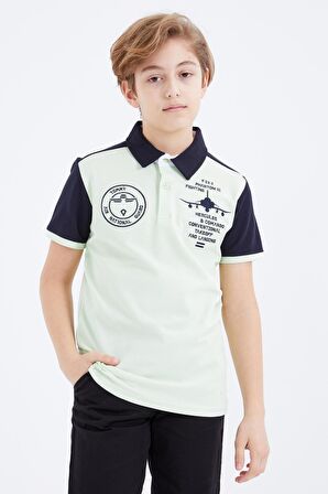 Açık Yeşil Nakış Detaylı Kısa Kollu Polo Yaka Erkek Çocuk T-Shirt  - 10906 | 3-4 Yaş