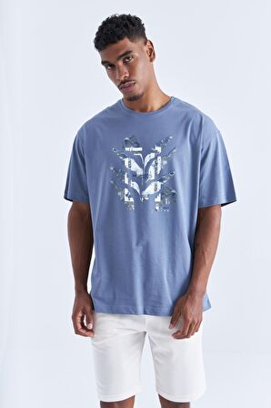 Petrol Büyük Baskılı O Yaka Erkek Oversize T-Shirt  - 88092 | S