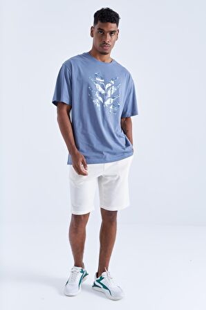Petrol Büyük Baskılı O Yaka Erkek Oversize T-Shirt  - 88092 | S
