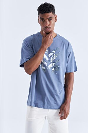 Petrol Büyük Baskılı O Yaka Erkek Oversize T-Shirt  - 88092 | S