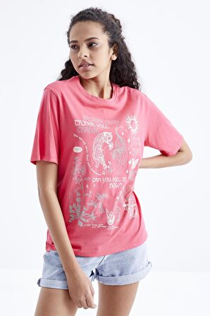 Rose Baskılı O Yaka Oversize Kadın T-Shirt  - 97210 | XL