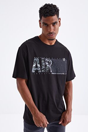 Siyah Air Baskılı O Yaka Erkek Oversize T-Shirt  - 88097 | S