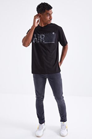 Siyah Air Baskılı O Yaka Erkek Oversize T-Shirt  - 88097 | S