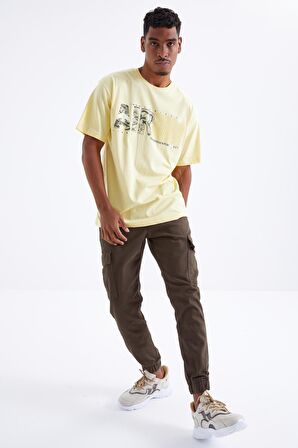 Sarı Air Baskılı O Yaka Erkek Oversize T-Shirt  - 88097 | S